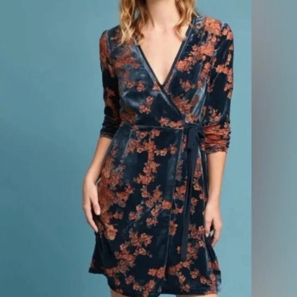NWT Anthropologie Eri + Ali Velvet Burnout Wrap Mini Dress Navy Blue xs
